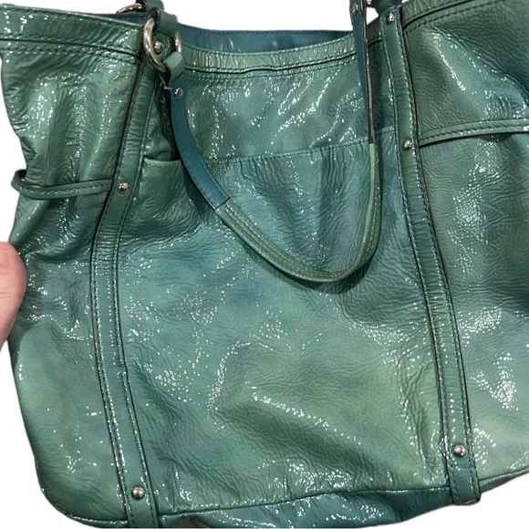 Coach Aubrey Aqua Marine-2 Tone Patent Leather Tote W/Shoulder Strap & Handles - Picture 5 of 16
